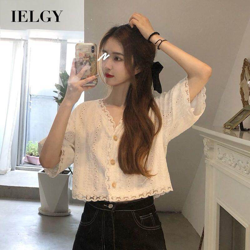 IELGY Korean style loose hook flower hollow V-neck short-sleeved shirt top women