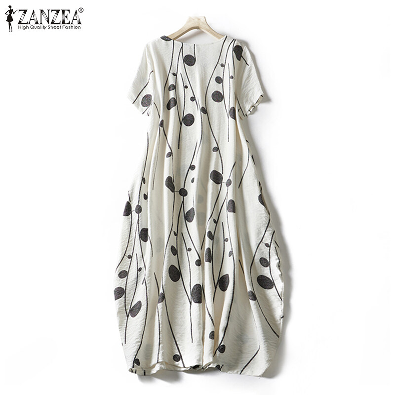 ZANZEA ชุดเดรสผู้หญิงแขนสั้นพิมพ์ลายคอกลมมีจุดกลางชุดเดรสชีฟองทรงตรง 2 ...