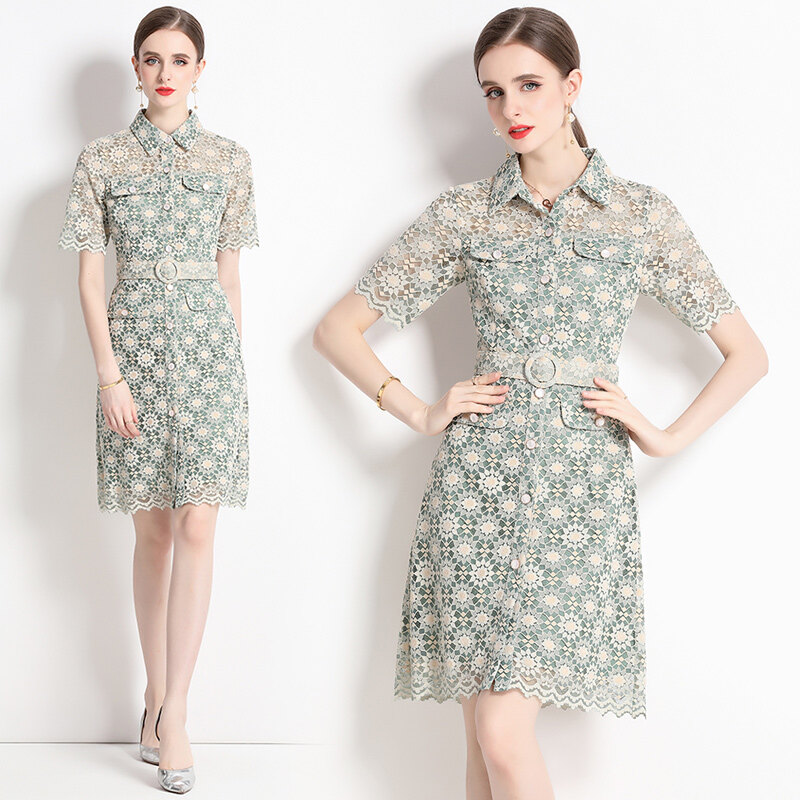 Impression Fashion Women Elegant French Lace Floral Shirt-neck Short Sleeve Tunic High Waist Midi Dress