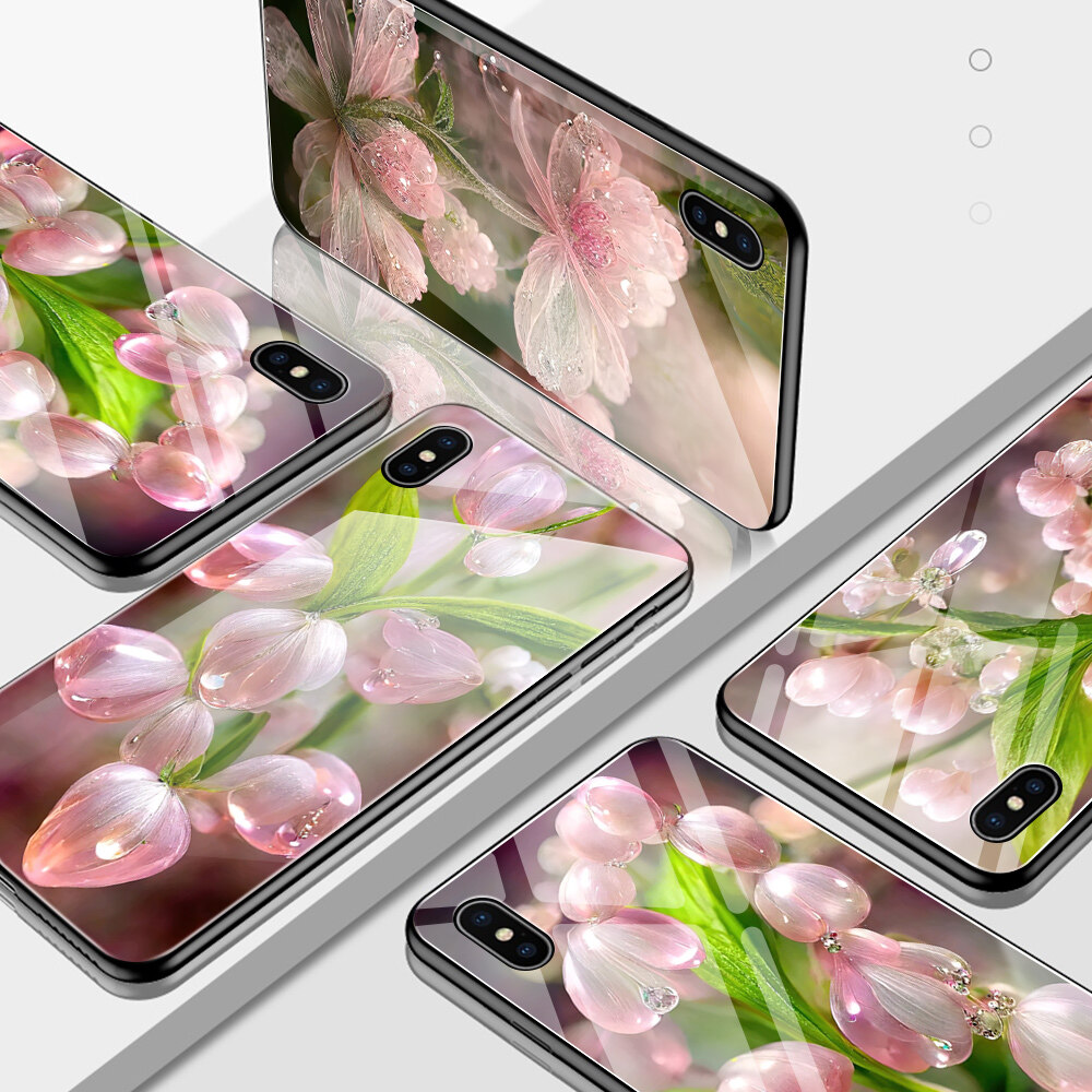 Jizetin Phone Casing For Xiaomi Redmi Note6 Note7 Note8 Note 8 Pro Note 8T Luxury Pink Flowers Crystal High Definition Design Shockproof Glossy Case Tempered Glass Back Cover Casing
