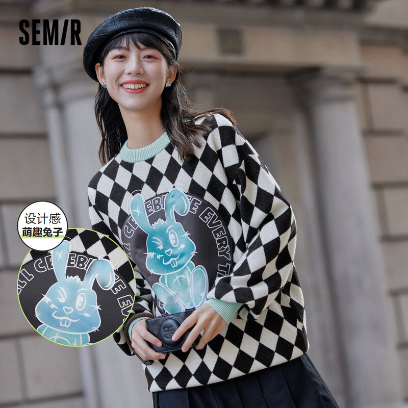 Semir Knit Sweater Women Checkerboard Checker Rabbit Color Collision Loose 2024 Autumn New Design Sense Round Neck Sweater Cute