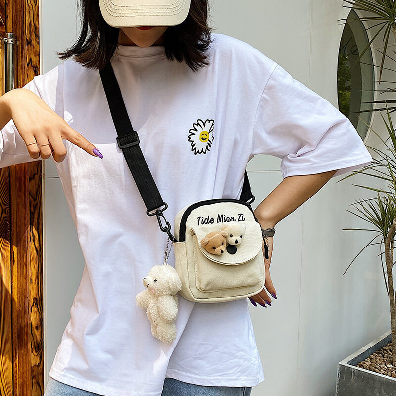 Túi Vải Bố In Chữ Phong Cách Hàn Quốc Túi Mini Cho Nữ Túi Đeo Chéo Gấu Hoạt Hình Cho Nữ Túi Đeo Vai 2022 Túi Nhỏ Cho Nữ Túi Đựng Điện Thoại