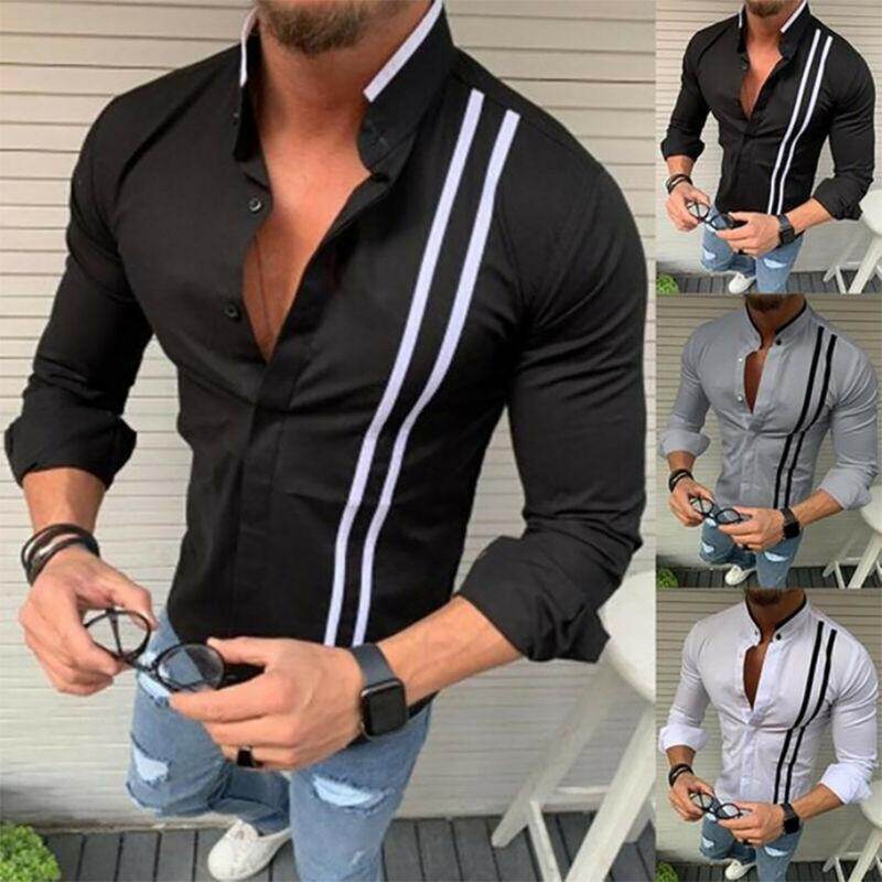 Men Long Sleeve Striped T-shirt Formal Dress Slim Muscle Blouse Shirt Tops Tee
