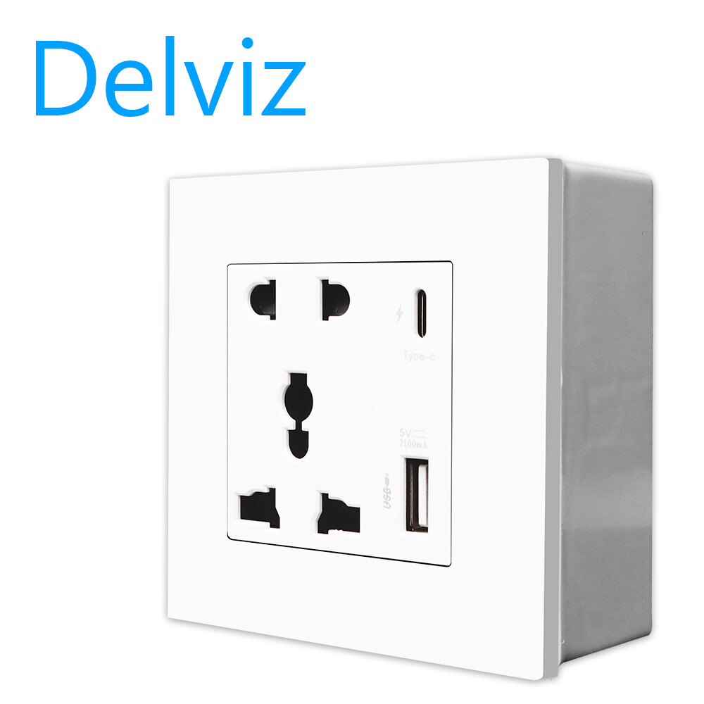 Delviz欧盟标准Type-c充电插座，壁挂式电源节点USB插座，5孔PD18W快速充电1A/1C插座。灰色的套接字。