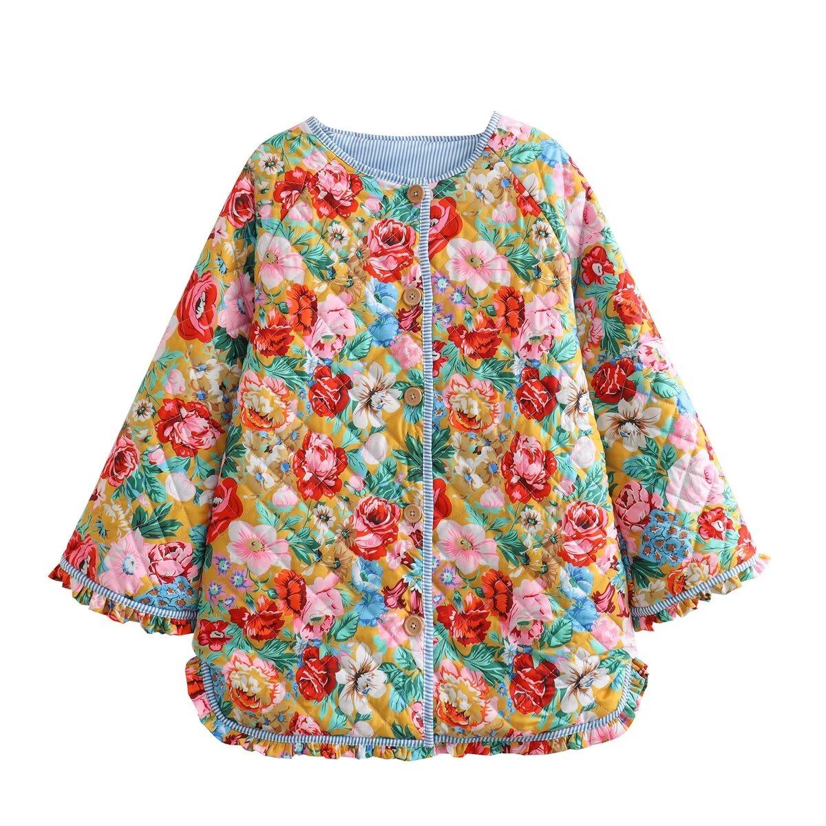 Willshela Women Fashion Winter Floral Printed Loose Padded Jacket Round Collar Long Sleeves Single Breasted Female Chic Lady Casual Vintage Short Outwear Coat