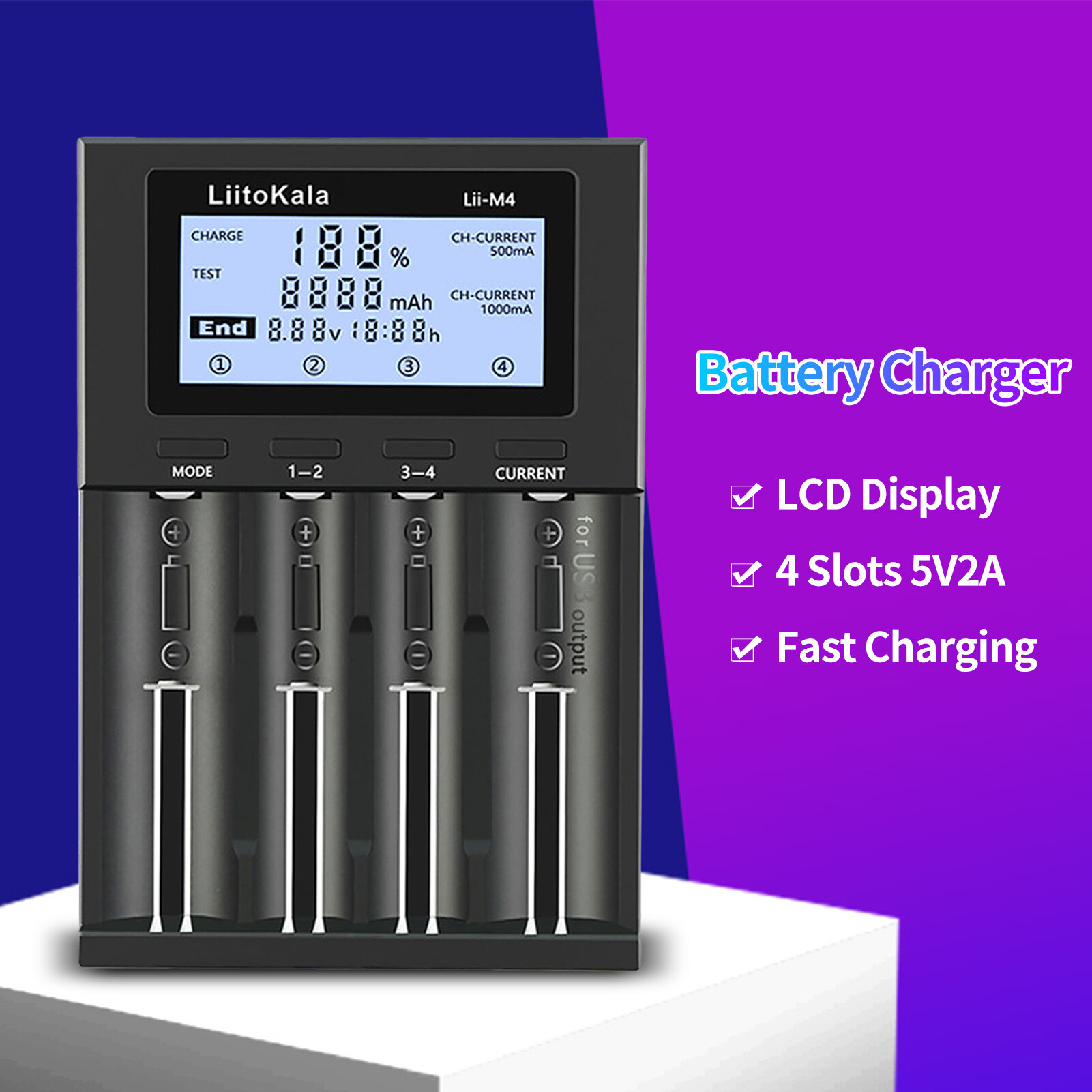 Pureone liitokala lii-m4 battery charger lcd display universal fast charging 4 slots 5v2a usb smart battery charger test capacity for 26660 18650 1700 32650 aaa useful electric battery