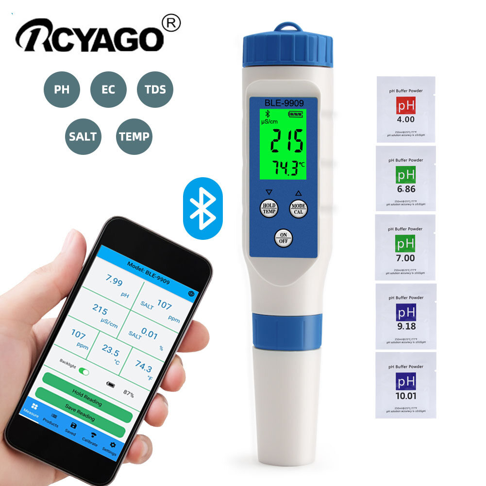 RCYAGO 5 in 1 Smart APP PH Meter Bluetooth PH/TDS/Salinity/EC Water Quality Tester Online by APP For Aquaculture, Aquarium