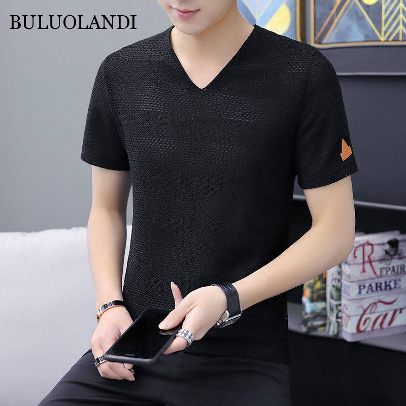 BULUOLANDI T Shirt Men Summer Knitted Black t Shirt V Neck Summer Short Sleeve Casual White 5Xl 6Xl Plus Size