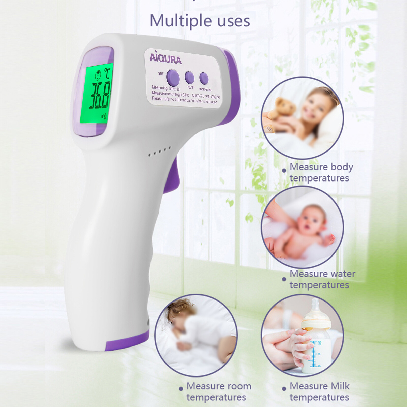 Smart Sensor LCD Digital Infrared Forehead Therm-ometer Non-Contact IR Ther-mometer Handheld Digital Tem-perature Measuring Gauge Fever Alarm Dual Tem-perature Mode 16-Group Memory °C/°F Switch for Baby/Adult