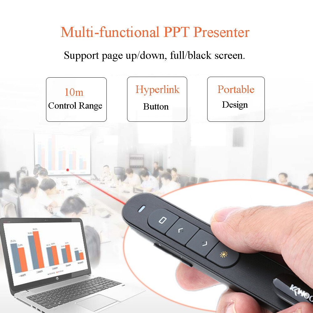 KKmoon 2.4GHz Nút Bấm PowerPoint Không Dây Điều Khiển Từ Xa Con Trỏ Bút Lật Máy Chiếu PPT Cầm Tay Unibody Phạm Vi Kiểm Soát 10M Hỗ Trợ Điều Khiển Âm Lượng Hyperlink, Có Đầu Thu USB