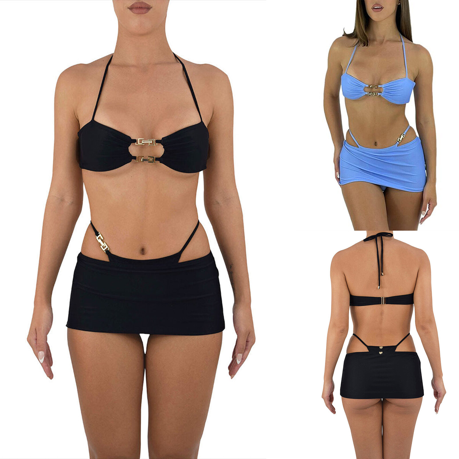 Happybuyner Beach Swimwear for Women Halterneck Sleeveless Cut Out Crop Tops Panties+Micro Skirtoomph Clothing Set_voghion.com