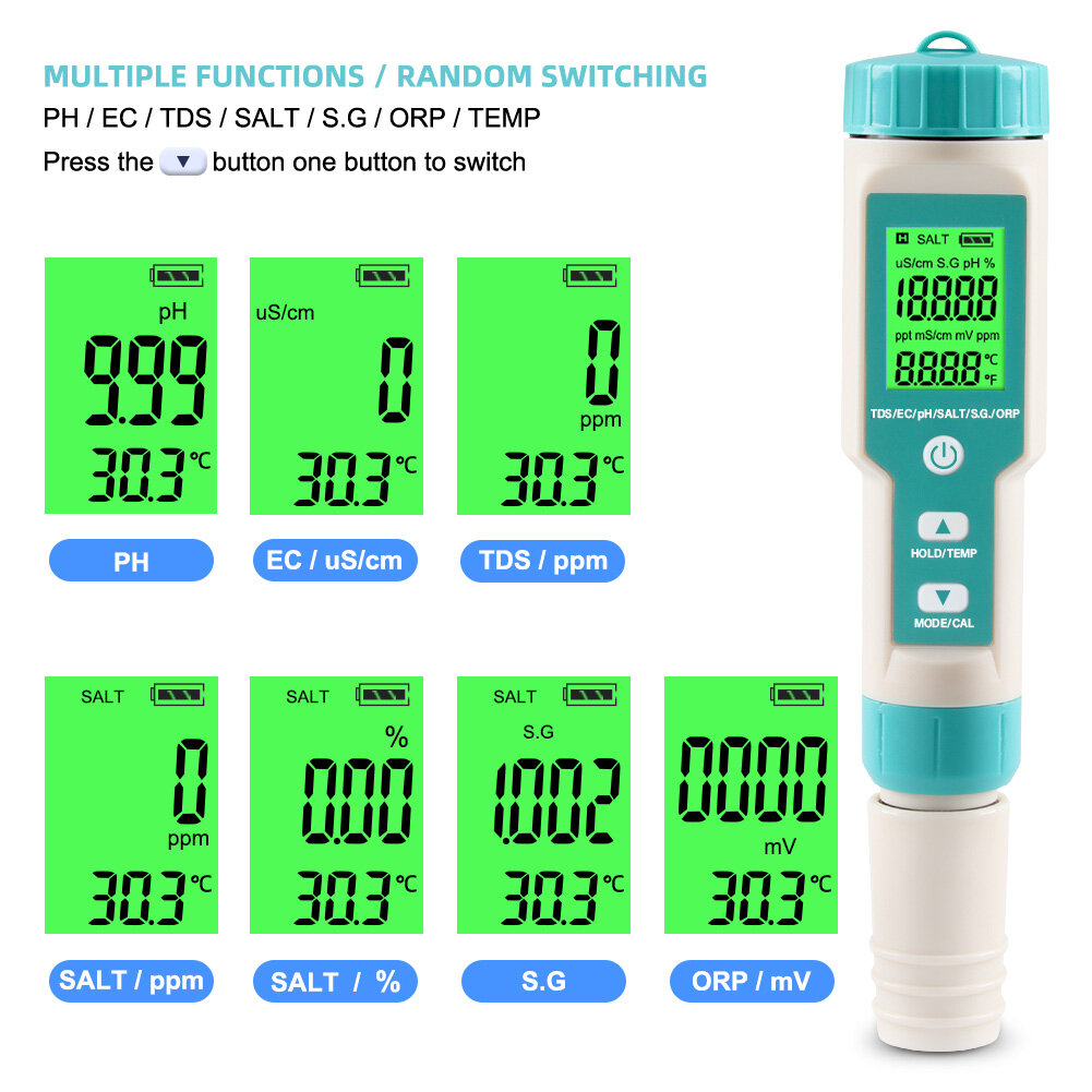 Yieryi pH Meter 7 in 1 PH/EC/TDS/Salinity/S.G/ORP/Temperature Water Quality Meter Hydroponics Tester IP67 Waterproof for Drinking Water, Aquarium