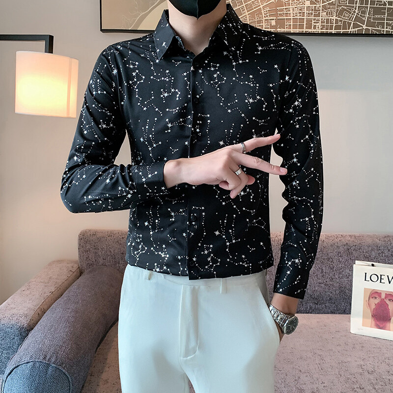 Buluolandi 2023 spring summer men long sleeve korean slim fit shirts men casual business dress shirts male printed white shirt m-4xl