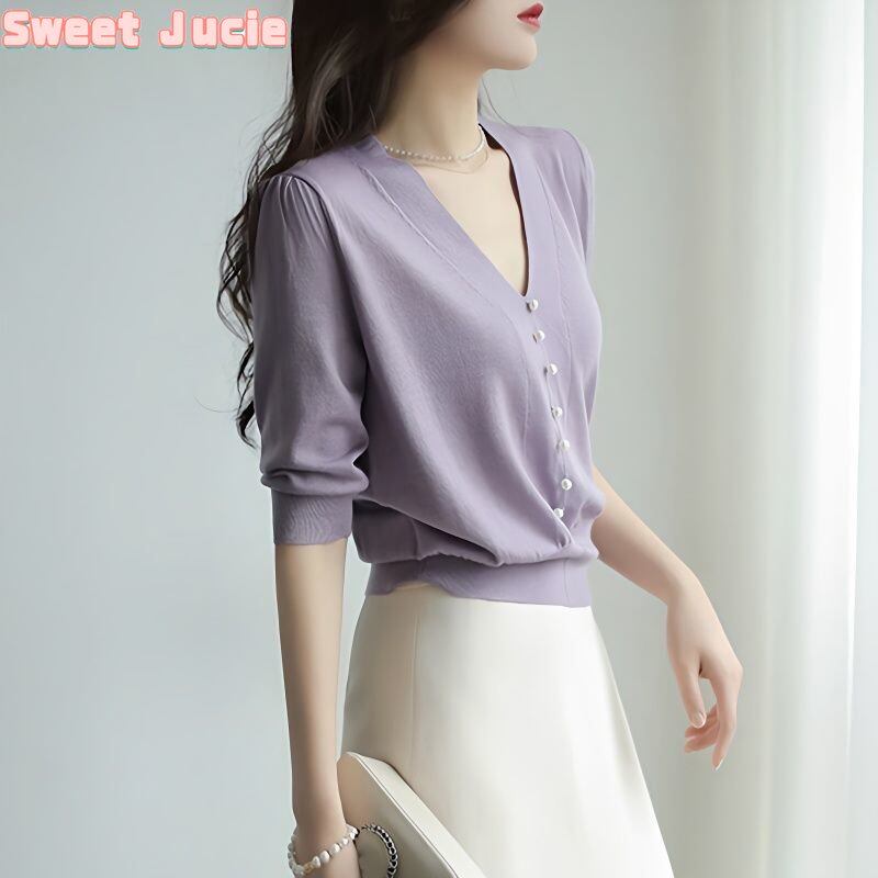 Sweet Juice V Neck T Shirt Women Fashion Pearl Buckle Short Sleeve Knitted Tops Korean Fashion Trend Ice Silk T-shirt for Women
