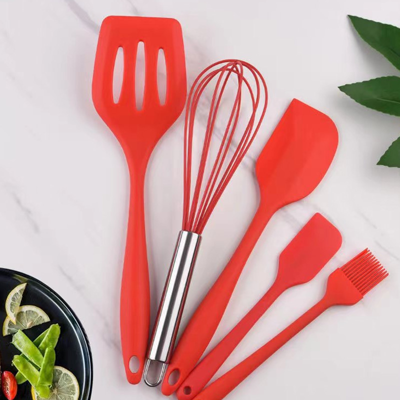Houseeker 5Pcs Silicone Kitchen Utensils Multifunction Shovel Spatula Eggbeater Scraper Brush Set Non-Stick Cooking Cake Baking Tools
