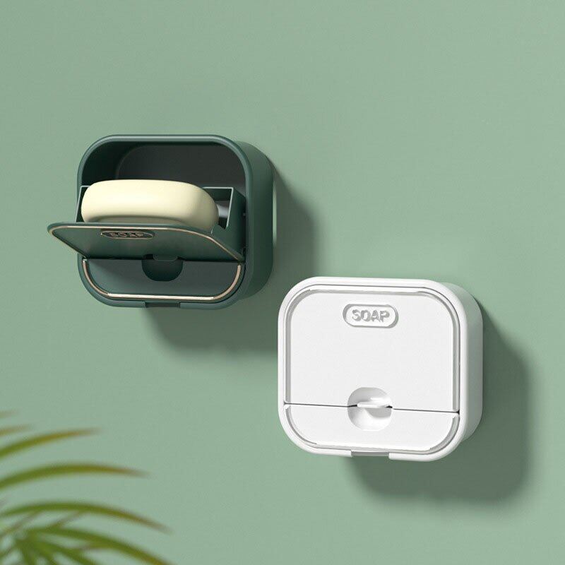 HKStorage The New Clamshell Soap Box Sticking Free Punching And Draining Household Toilet Soap Storage Wall-mounted Laundry Soap Dish