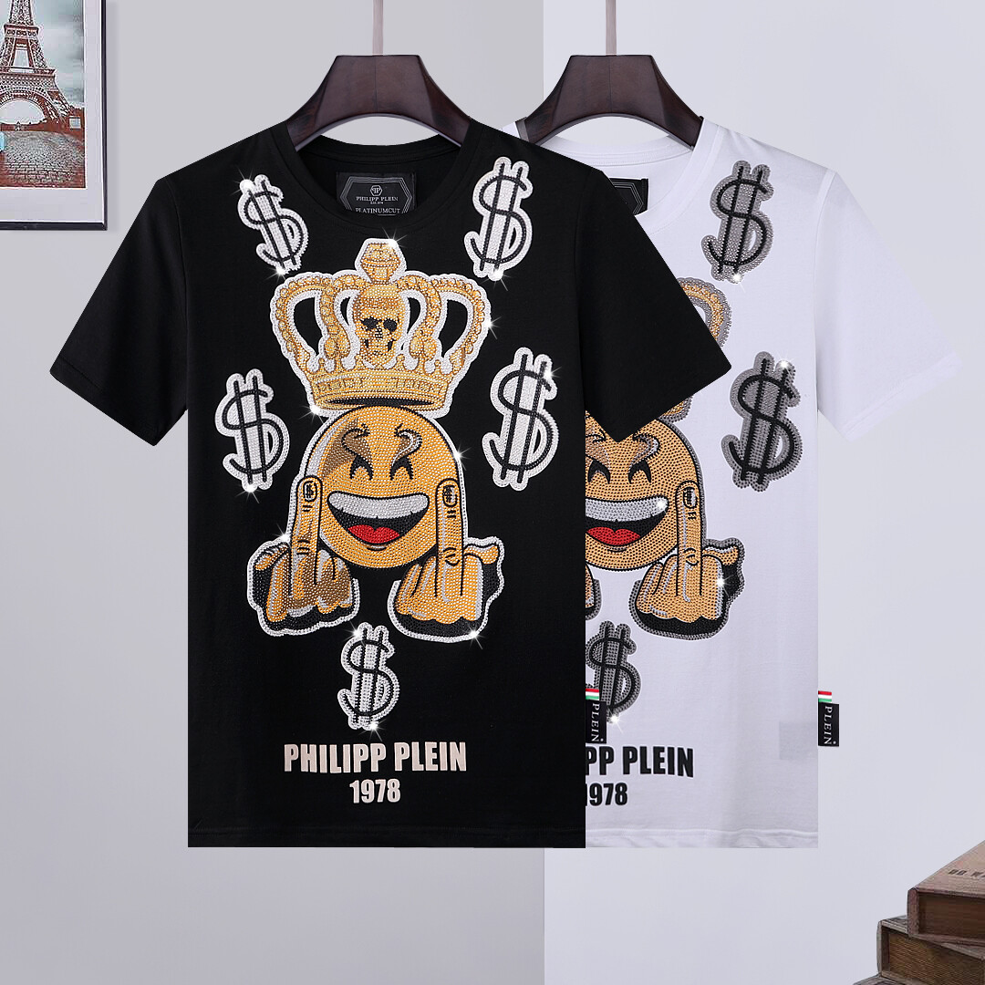 Philipp Plein T-shirt Men O-neck Short Sleeve Shiny Rhinestones Crown Smiley Pattern Top