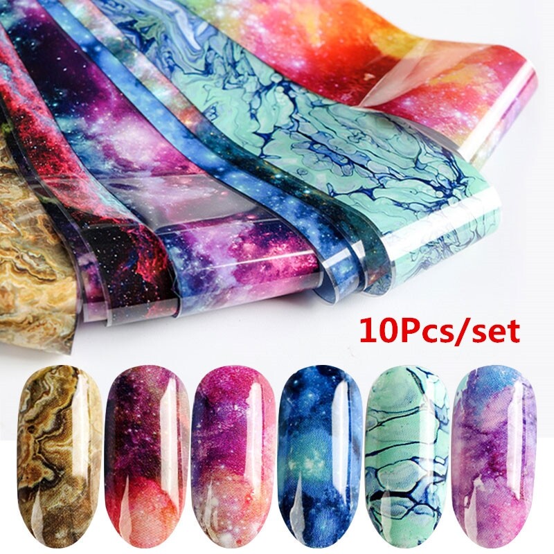 10Pcs Holographic Nail Foil Transparent Starry Sky Nail Art Transfer Sticker Mixed Color