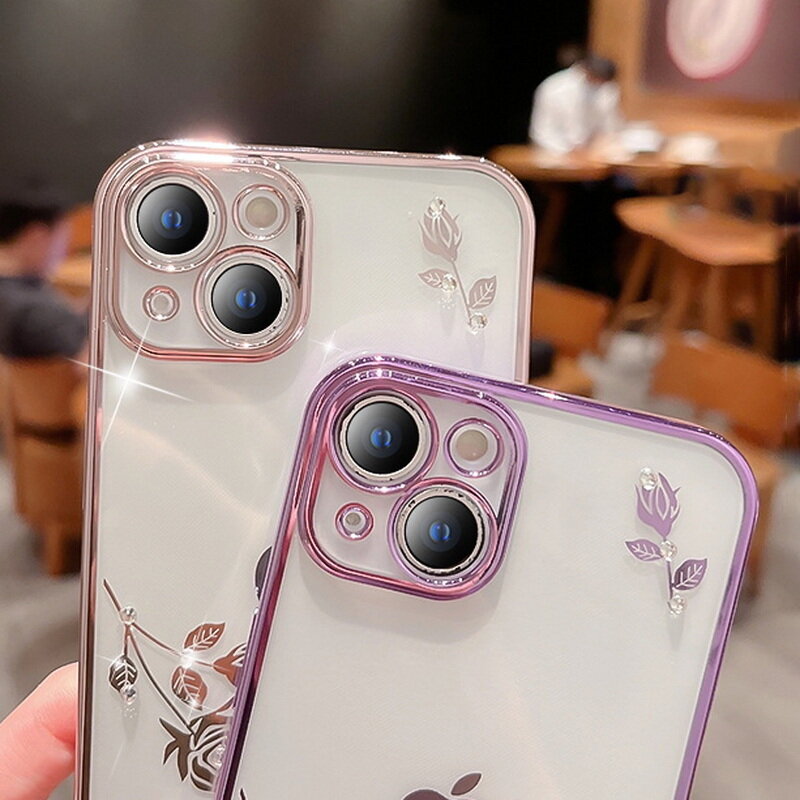 SNOOTORY Crystal Flower Phone Case For iPhone 13 Pro Max 12 Plating Silicone Soft Case Clear Camera Protective Case Cover for iPhone 11 12 Pro