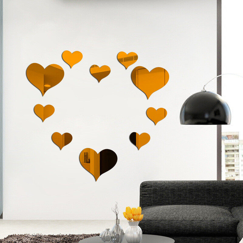 10pcs Wall Acrylic Stickers Mural Decal 3D Mirror Wall Sticker Love Heart Removable Livingroom Decoration