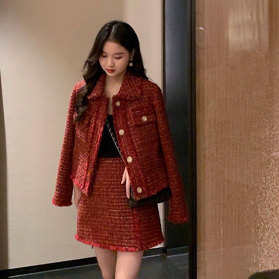 red tweed jacket and skirt