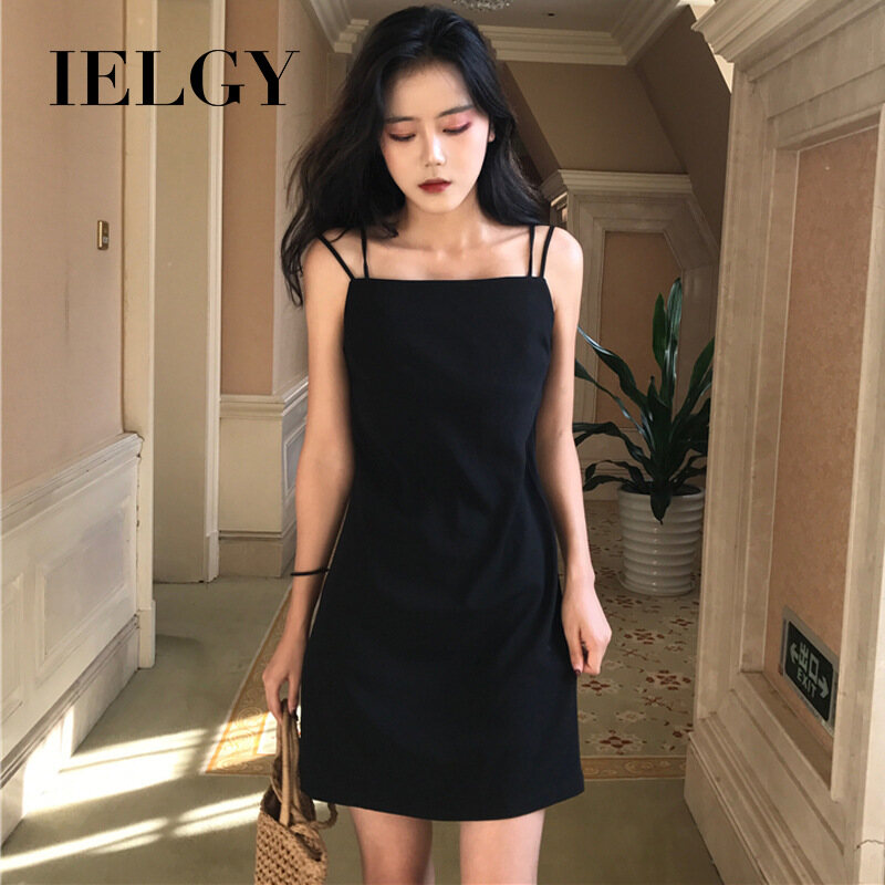 IELGY retro elegant little black dress fashion word collar sexy wild solid color suspender skirt slim package hip dress female