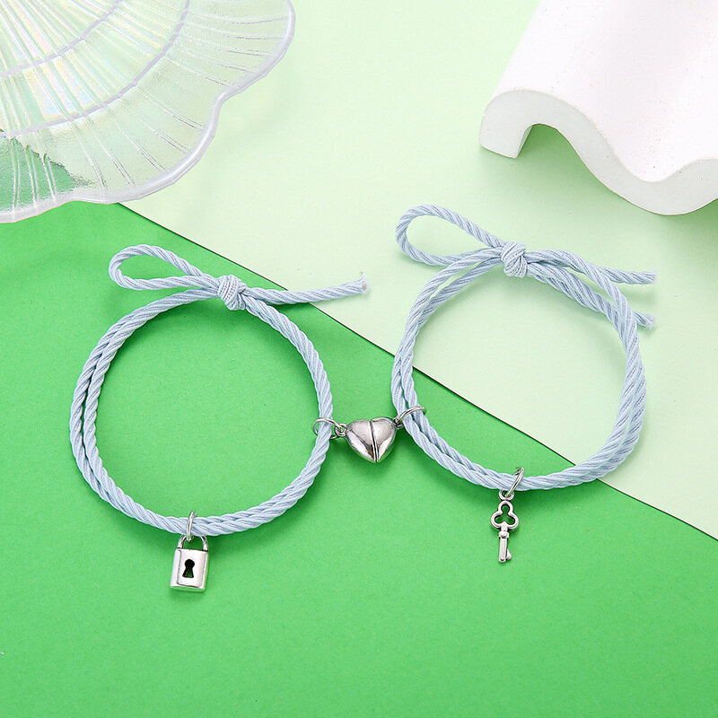 【Bubble Star】2 Pieces/ Set Couple Bracelet Alloy key Lock Heart-shaped Adjustable Bracelet Handmade Jewelry Rubber band Rope Bracelet Birthday Anniversary Gift for Women Men Boyfriend Girlfriend Him Her Best Friends
