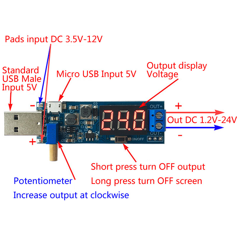 DC-DC Mô-đun Cấp Nguồn Lên/Xuống USB 5V Đến 3.5V / 12V Bộ Chuyển Đổi Tăng Tốc Có Thể Điều Chỉnh Ra DC 1.2V-24V