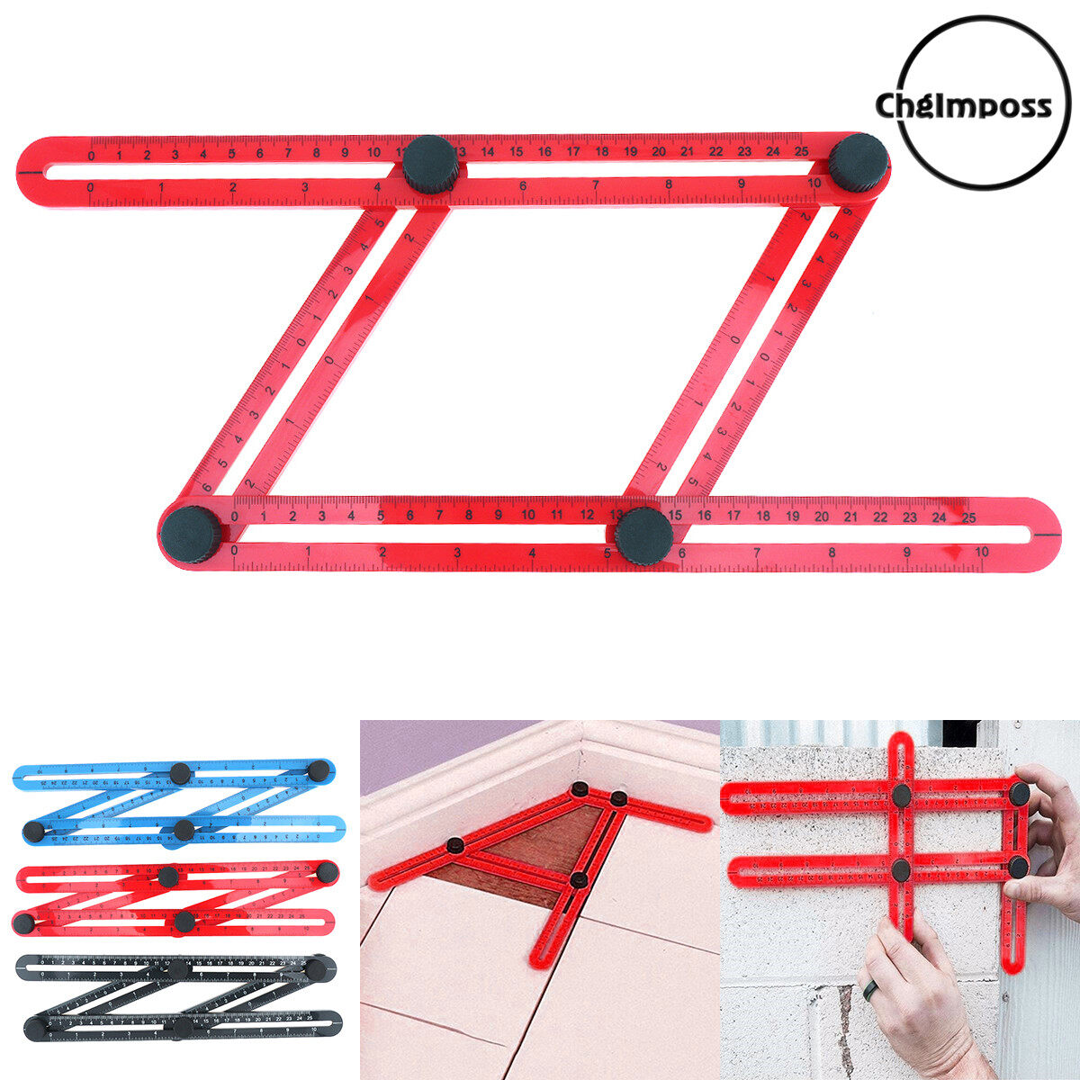 Chgimposs thước đo góc gấp đa năng 25cm dụng cụ đo bốn mặt, thước đo góc thước nhựa khắc gỗ bố trí
