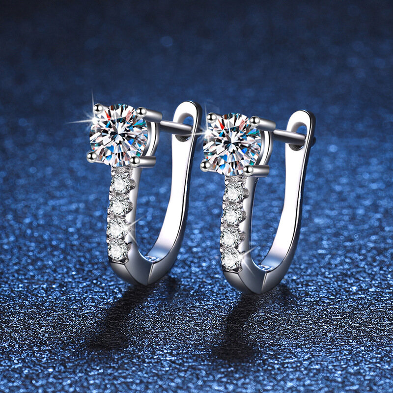 Bestone Classic U-Shaped S925 Silver Moissanite Earrings Female 1 Carat D Color Moissanite Stud Earrings