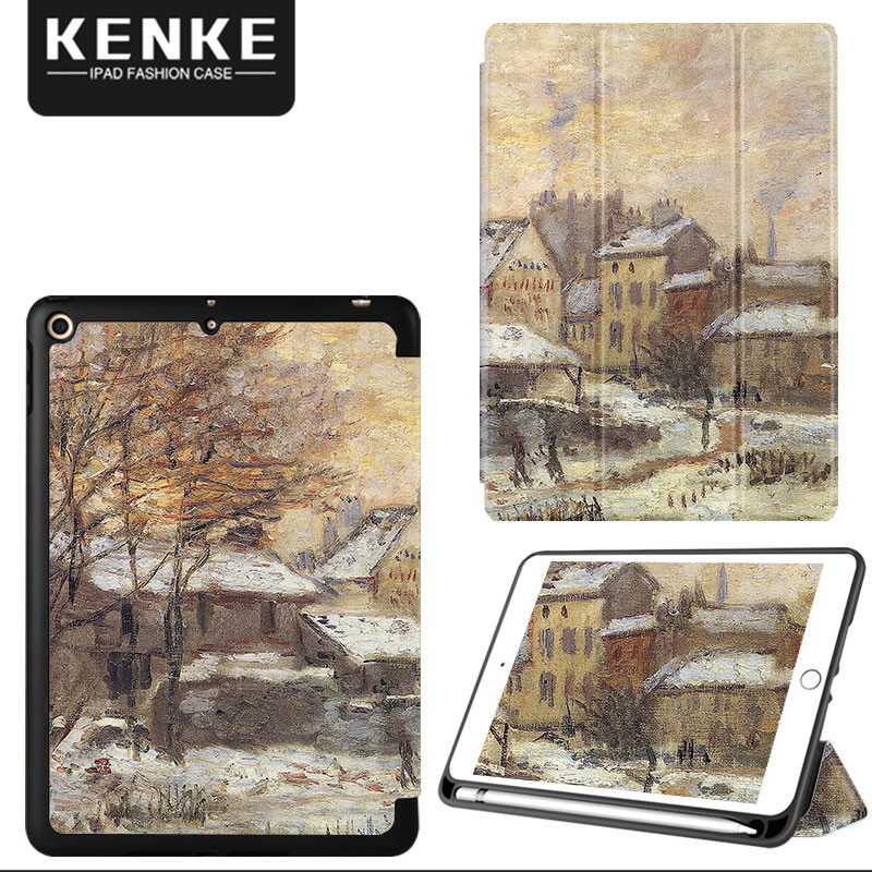 KENKE iPad case Cartoon Cute European snow town case for iPad 2020 2021 Pro 11 12.9 iPad mini 5 iPad Pro 10.5 Air 3 iPad Air 4 iPad 10.2 7th 8th 9th gen 5th 6th 2017-2018 cover with Pencil Holder with Soft Flexible TPU Back Cover Auto Sleep/Wake