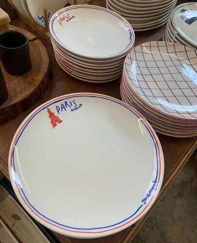 Original French Dessert Plate Retro Red And Black With Lines Letter Ceramic Tableware Set Breakfast Plate Fish Plate