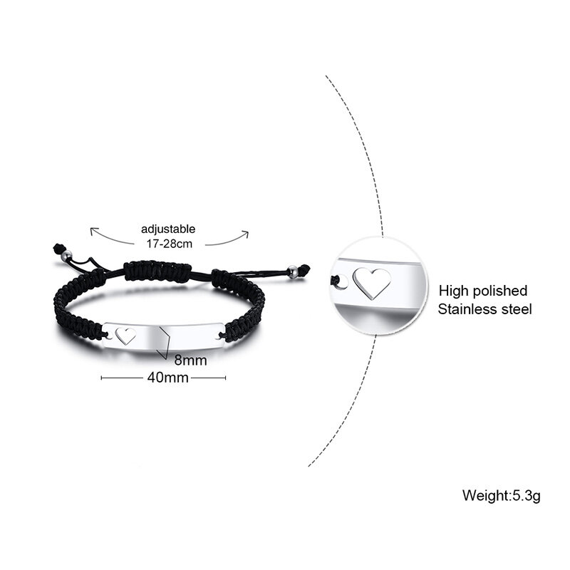 Vnox Customized Personalized Engrave ID Name Date Women Men Braided Rope String Bracelet Charm Hollow Heart Mother Girlfriend Gift