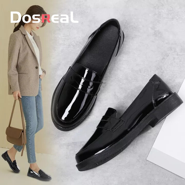 DOSREAL Oxford Shoes For Women Leather Korean Shoes Casual Slip On Flats Fashion Loafers Rubber Black Women Shoes Big Size 35-41