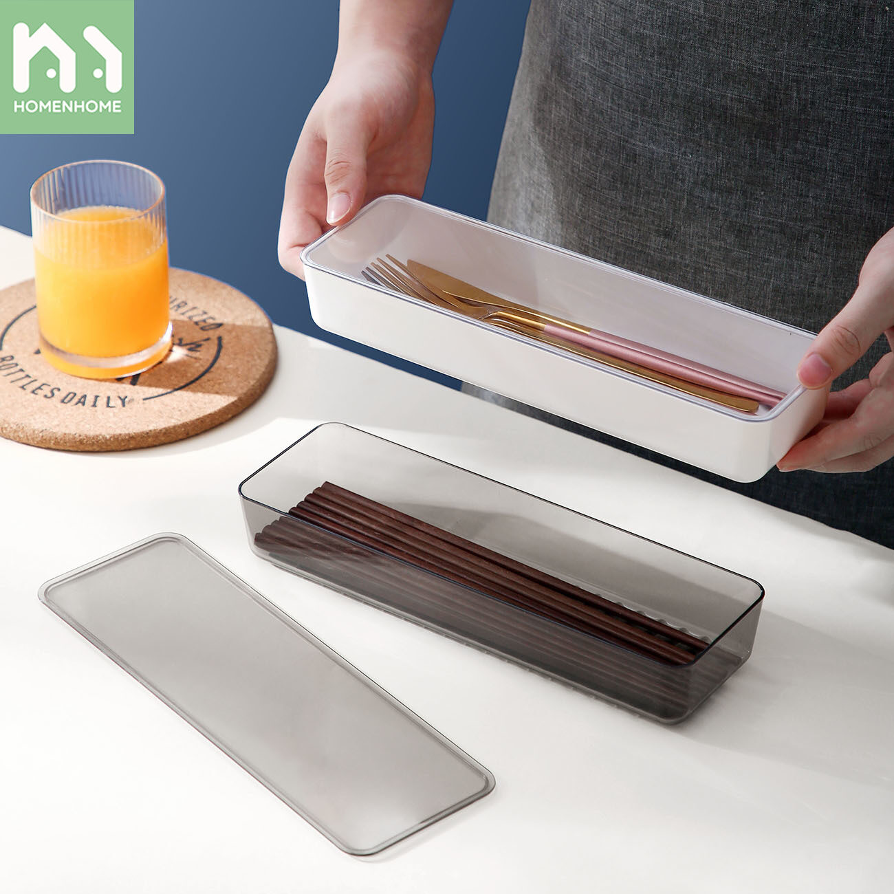 Homenhome Hộp Đũa Hình Chữ Nhật Chất Liệu AS Có Nắp, Giá Để Muỗng, Hộp Đựng Đồ Ăn Phẳng Chống Bụi Nhà Bếp