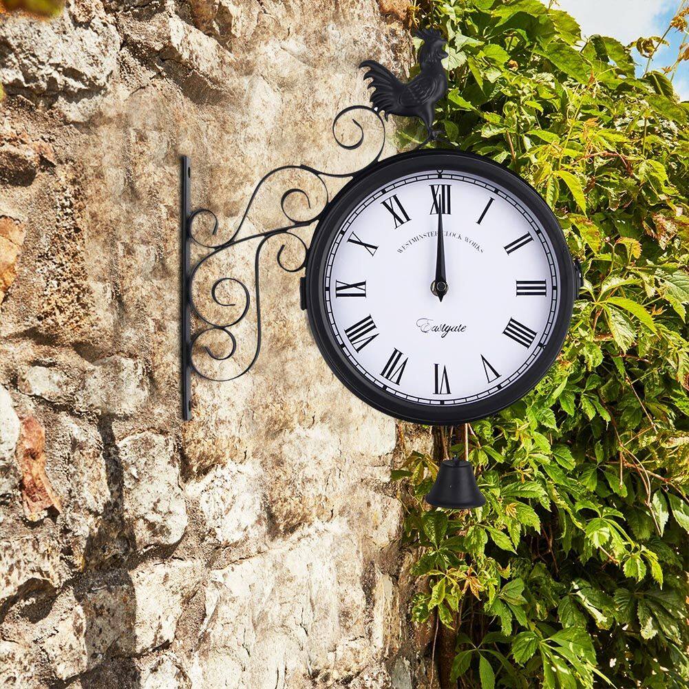 VHGG Garden Home Decor Cockerel Pattern Rust Copper Effect Vintage Wall Station Clock Double sided Bracket Double Sided Wall Clock Metal Clock