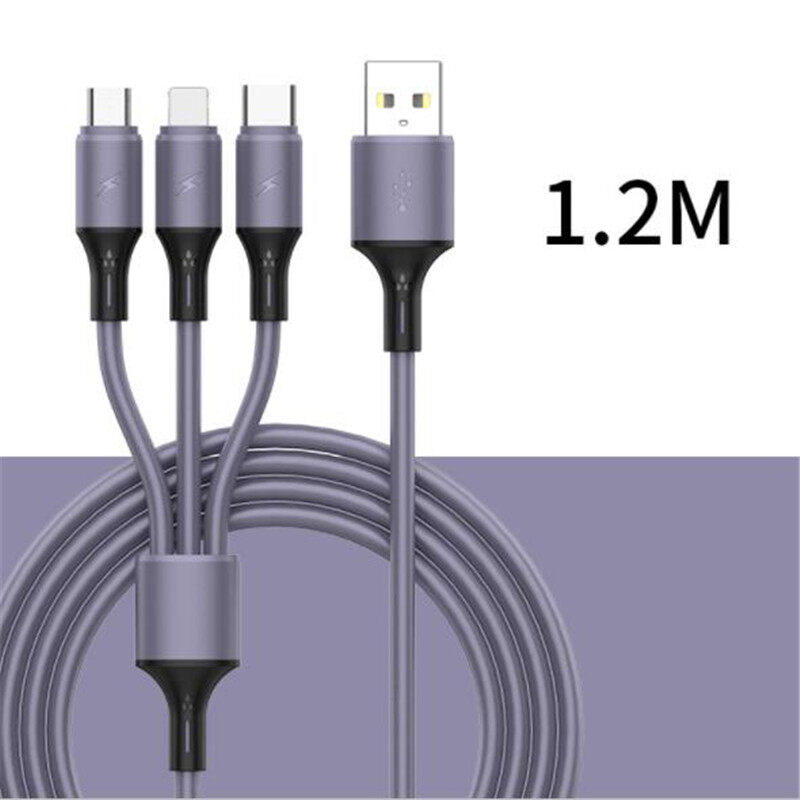 VAORLO 3 IN 1 Fast Charging Cable Liquid Silicone Material Multi-function Charger Cable USB-C Micro Type-C Lightning For Android IOS iPhone Samsung Huawei Oppo Vivo Xiaomi Fast Charging Cable