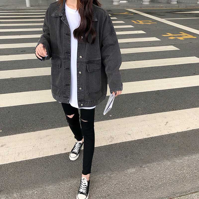 IELGY Áo Khoác Denim Một Hàng Khuy Dáng Rộng Ngoại Cỡ Phiên Bản Hàn Quốc Cho Nữ
