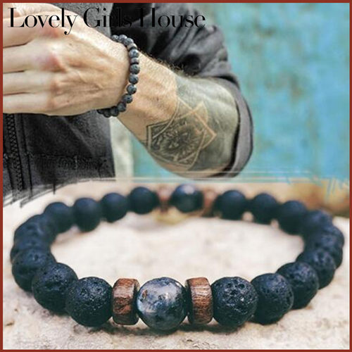 【♡Lovely girls house♡】Fashion Women Men Lava Rock Stone Elastic Yoga Beads Bracelet Lovers Party Bracelet Jewelry Gift