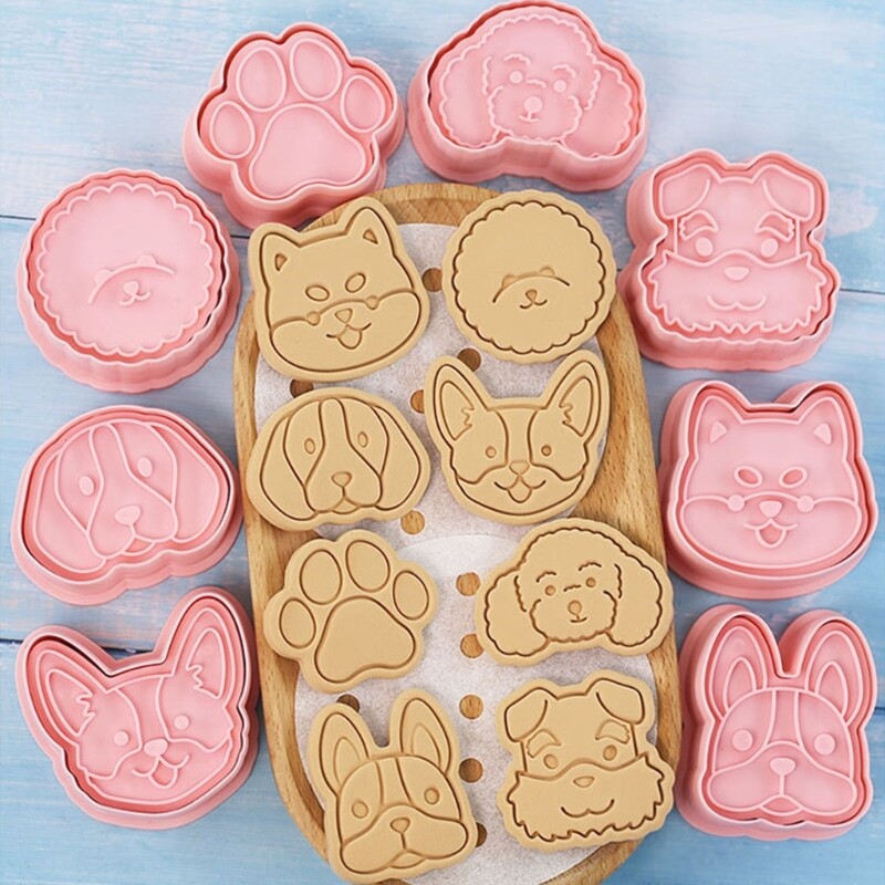 8Pcs Cute Dogs Head Pattern Cookie Cutters Set Cartoon Pressable Biscuits Mold Plastic Cookie Stamps DIY Baking Tool