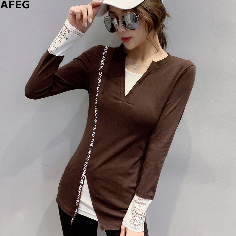 AFEG new Korean version of the V-neck fashion slim fit all-match so printed mid-length long-sleeved female T-shirt form women