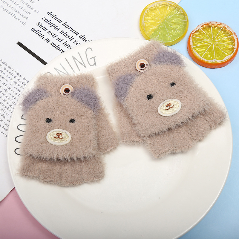 Cartoon Bear Children Winter Gloves Warm Plush Baby Mittens Boy Girl Fingerless Gloves Kids Half Finger Gloves 3-9Y