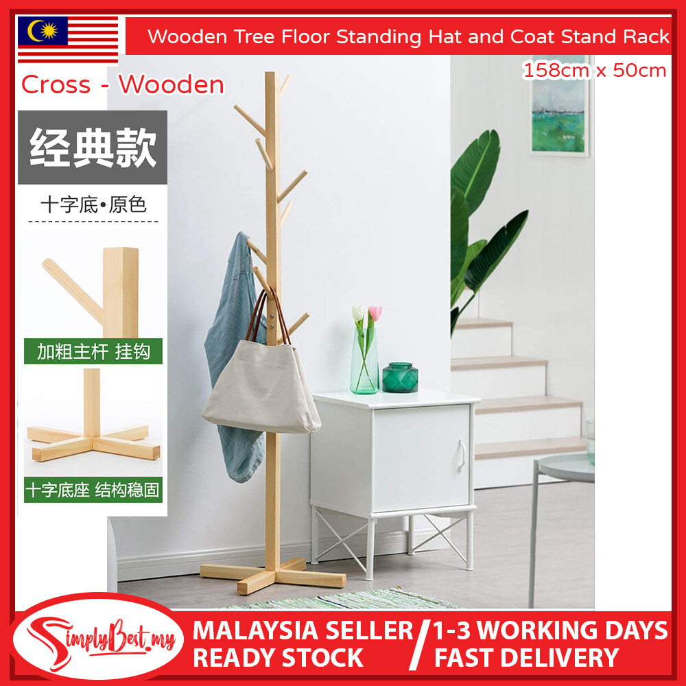 SIMPLYBEST Wooden Standing Hat and Coat Rack Free Standing Hanger Rack
