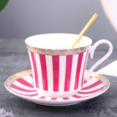 Concise Stripe Bone China Coffee Cup Saucer With Gold Spoon Elegant Ceramic Paris Tea 225ml Porcelain Teacup Cafe Drinkware