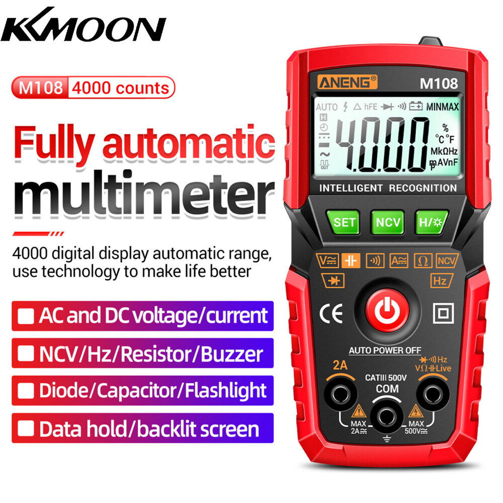 KKmoon ANENG M108 Smart Digital Multimeter Auto Range 4000 Counts NCV Universal Meter Handheld Multifunctional Tester Voltmeter Ammeter with Backlight Flashlight AC/DC Voltage & Current Resistance Capacitance Frequency Measurement