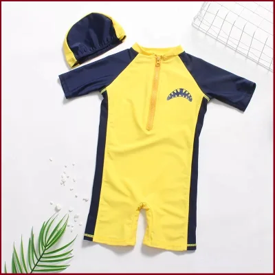 Double55 STOCK Selangor (1-7Y) Kids Boy One Piece + Free Cap Shark Printed Design Swimming Suits UPF 50+ Protection Swimwear