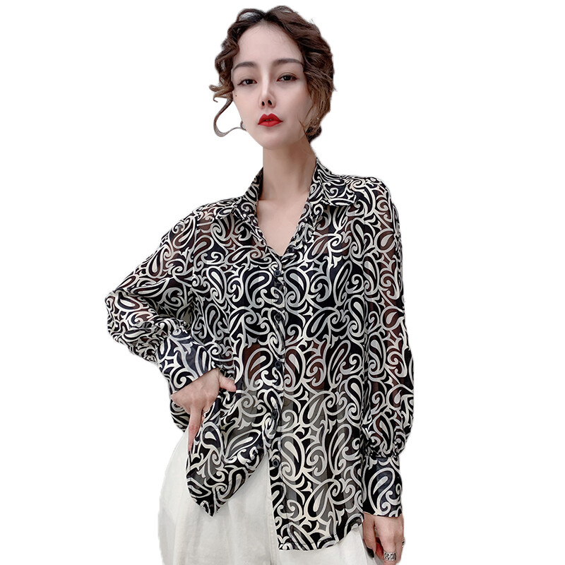 REHIN Women's top Autumn new Korean version of retro loose long-sleeved shirt lapel chiffonr blouse