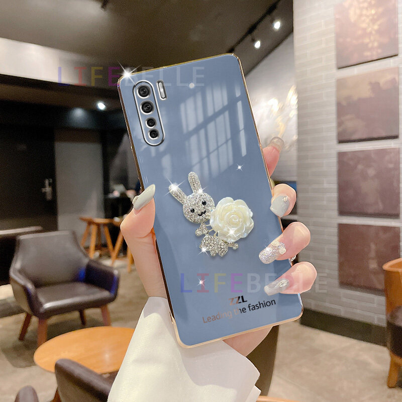 LIFEBELLE Ốp Cho OPPO A91 Reno3, Ốp Điện Thoại Mềm Mạ Hoa Đẹp Hình Thỏ Dễ Thương Thời Trang 3D Kim Cương Giả Cho Nữ Ốp Lưng Silicon Bảo Vệ Chống Sốc Cho Oppo Ốp Đôi