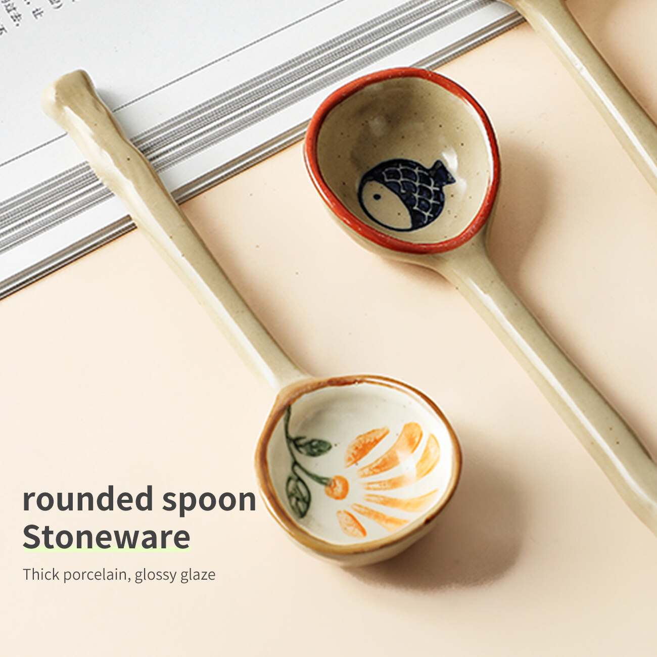 Homenhome Ceramic Spoon Multi-Function Chinese Style Scoop Porridge Spoon Tableware Soup Spoon For Home Restaurant