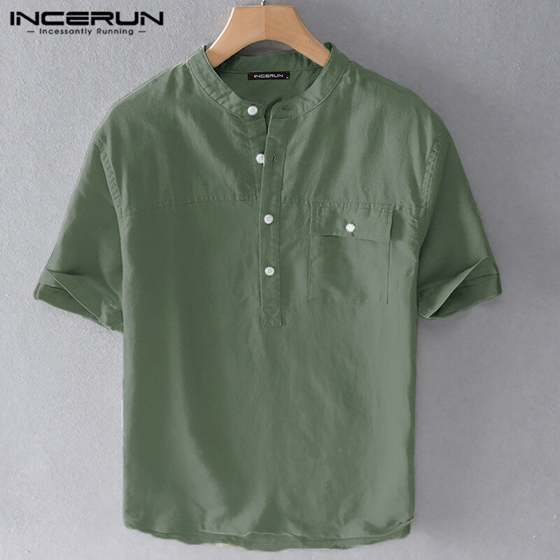 INCERUN Mens Short Sleeve Linen Shirt V Neck Causal Fit Beach Yoga Blouse (Cotton Linen)